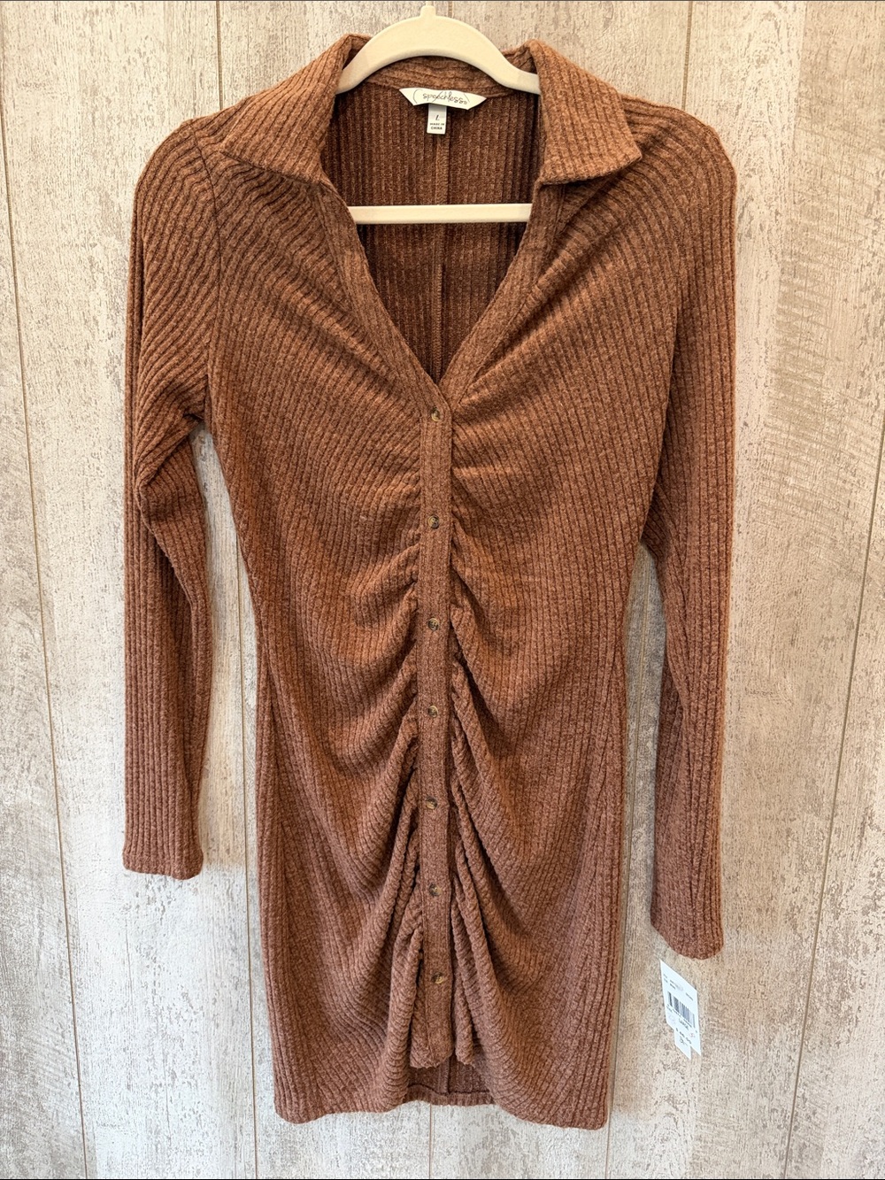 Women’s Speechless Ribbed Long-Sleeve Ruched Dress in Rust Large NWT